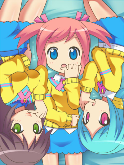 awa, blue_hair, brown_hair, dankain_reiko, pink_hair, skirt, tanaka_yutori, tsumekomi_shiori