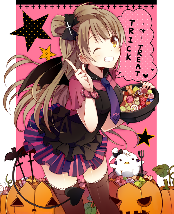 1girl, ;d, a_(riduass023), bat_wings, bird, blush, bow, breasts, brown_hair, candy, cowboy_shot, cross_hair_ornament, english, food, hair_bow, hair_ornament, halloween, halloween_costume, happy, heart, heart_tail, holding, jack-o'-lantern, lollipop, long_hair, looking_at_viewer, love_live!, love_live!_school_idol_project, minami_kotori, minami_kotori_(bird), necktie, one_eye_closed, one_side_up, open_mouth, pointing, pointing_up, pumpkin, purple_necktie, side_ponytail, smile, solo, star, tail, thigh-highs, trick_or_treat, wings, yellow_eyes, zettai_ryouiki