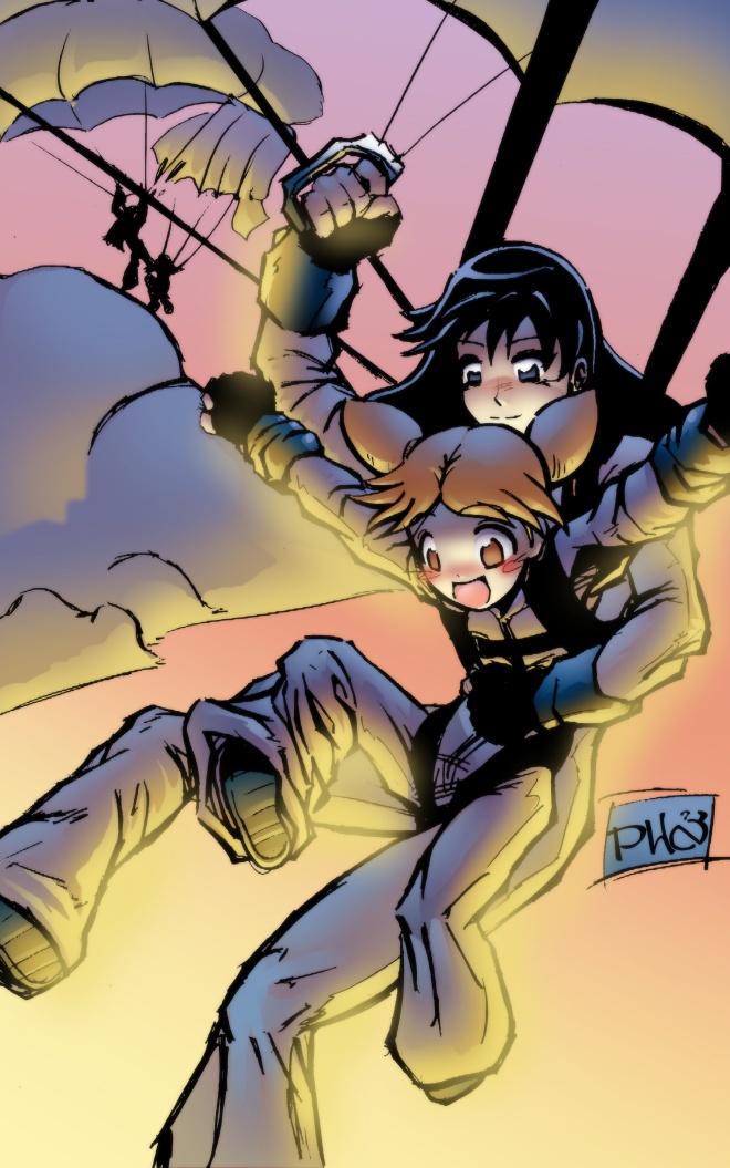 azumanga_daioh, black_hair, blush, cloud, mihama_chiyo, mizuhara_koyomi, parachute, peter_huu_nguyen