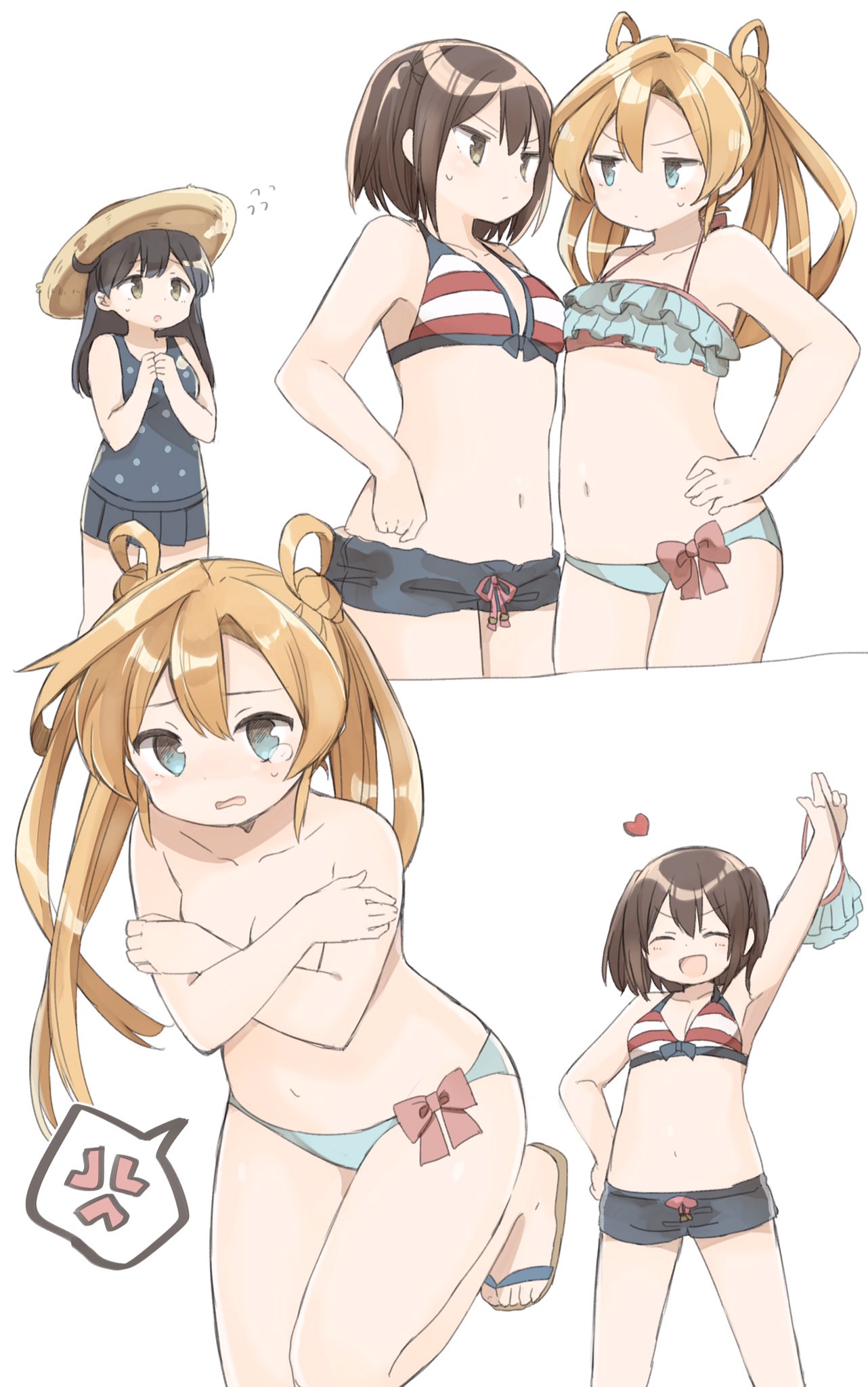>:/, >:d, 3girls, :d, ^_^, abukuma_(kantai_collection), anger_vein, arm_up