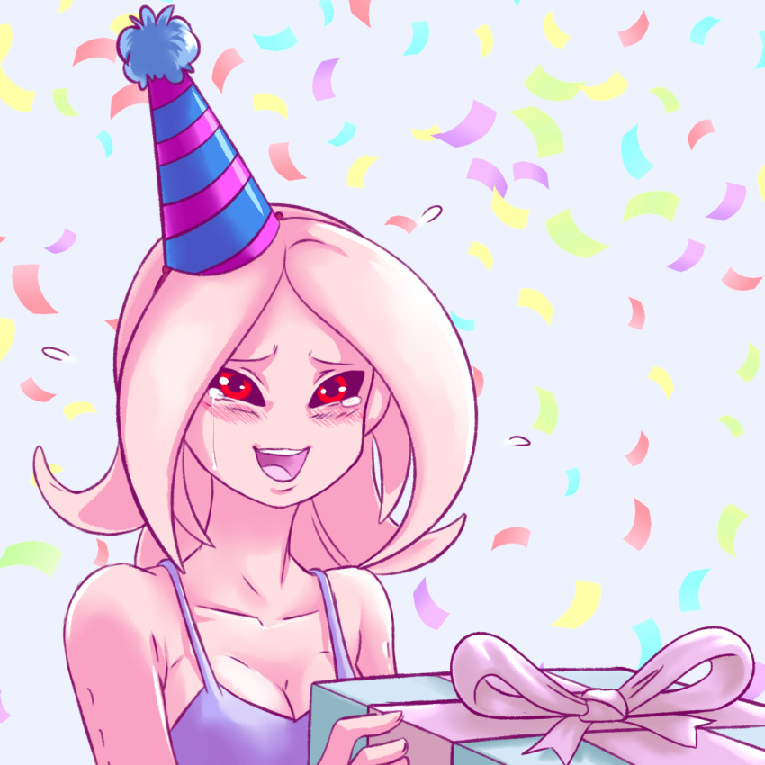 1girl, :d, bare_shoulders, birthday, black_sclera, blush, breasts, cleavage, collarbone, confetti, crying, crying_with_eyes_open, dragon_ball, dragon_ball_xenoverse, female_majin, flying_sweatdrops, gift, happy, hat, highres, holding, lavender_background, long_hair, medium_breasts, open_mouth, party_hat, pink_hair, pink_skin, plague_of_gripes, purple_ribbon, purple_shirt, red_eyes, ribbon, shirt, simple_background, smile, solo, striped, striped_hat, tank_top, tears