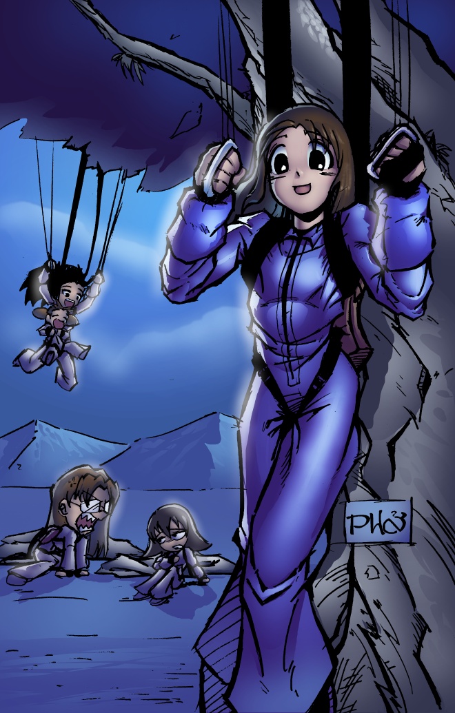 azumanga_daioh, black_eyes, glasses, kasuga_ayumu, mihama_chiyo, mizuhara_koyomi, parachute, peter_huu_nguyen