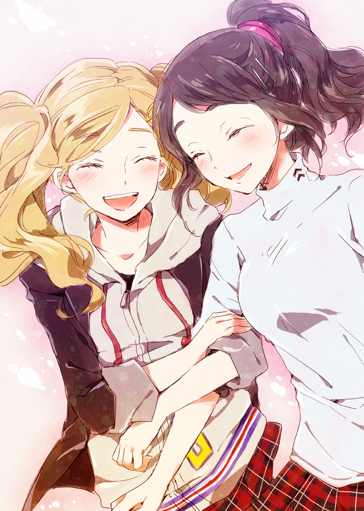 2girls, blonde_hair, brown_hair, closed_eyes, hood, hoodie, multiple_girls, persona