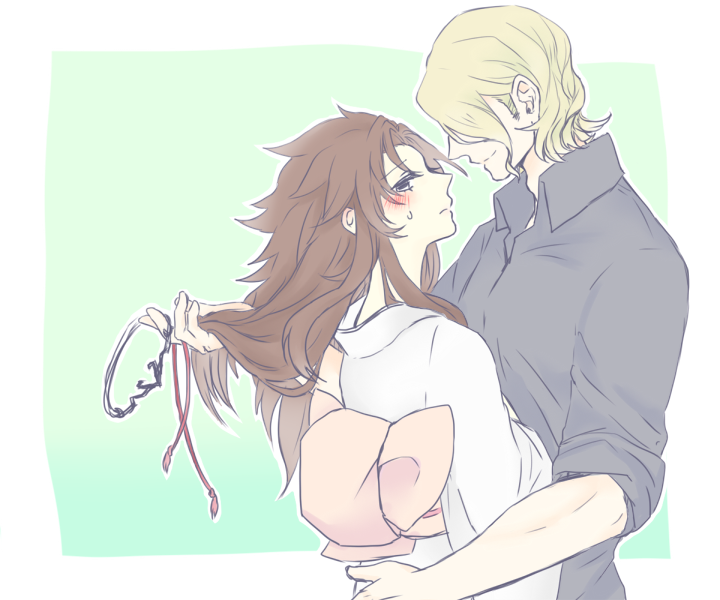 1boy, 1girl, blush, brown_hair, fire_emblem, fire_emblem_if, genderswap, genderswap_(mtf), hand_in_another's_hair, japanese_clothes, kimono, long_hair, marx_(fire_emblem_if), miyachi_(aomori), ryouma_(fire_emblem_if), shirt, short_hair