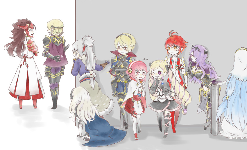 aqua_(fire_emblem_if), armor, blonde_hair, brown_hair, camilla_(fire_emblem_if), cape, elise_(fire_emblem_if), female_my_unit_(fire_emblem_if), fire_emblem, fire_emblem_if, gloves, hair_ornament, hairband, hinoka_(fire_emblem_if), leon_(fire_emblem_if), long_hair, marx_(fire_emblem_if), miyachi_(aomori), multiple_boys, multiple_girls, my_unit_(fire_emblem_if), pink_hair, red_eyes, redhead, ryouma_(fire_emblem_if), sakura_(fire_emblem_if), short_hair, takumi_(fire_emblem_if), twintails, weapon