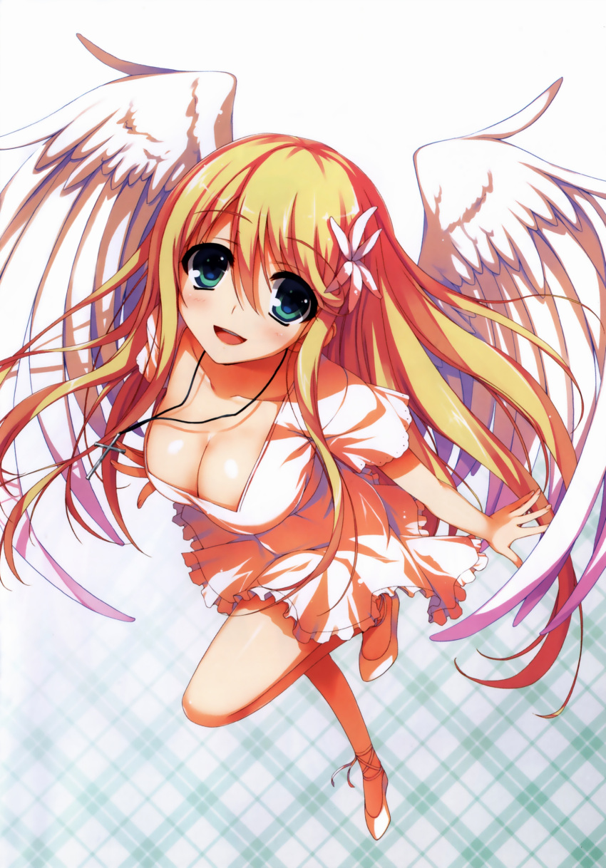 1girl, :d, absurdres, angel_wings, ankle_lace-up, blonde_hair, breasts, cleavage