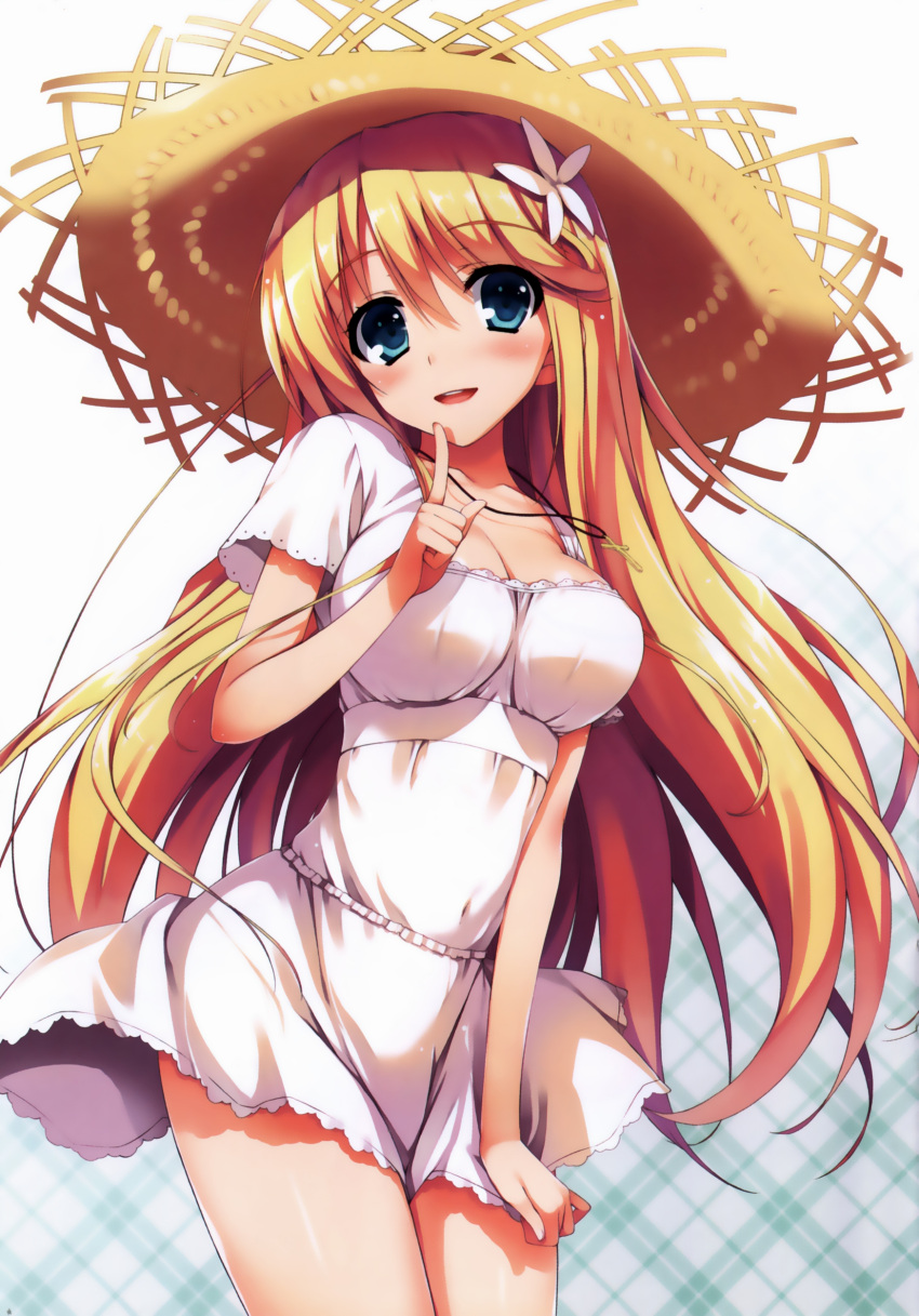 1girl, absurdres, blonde_hair, blue_eyes, blush, breasts, cleavage, cross