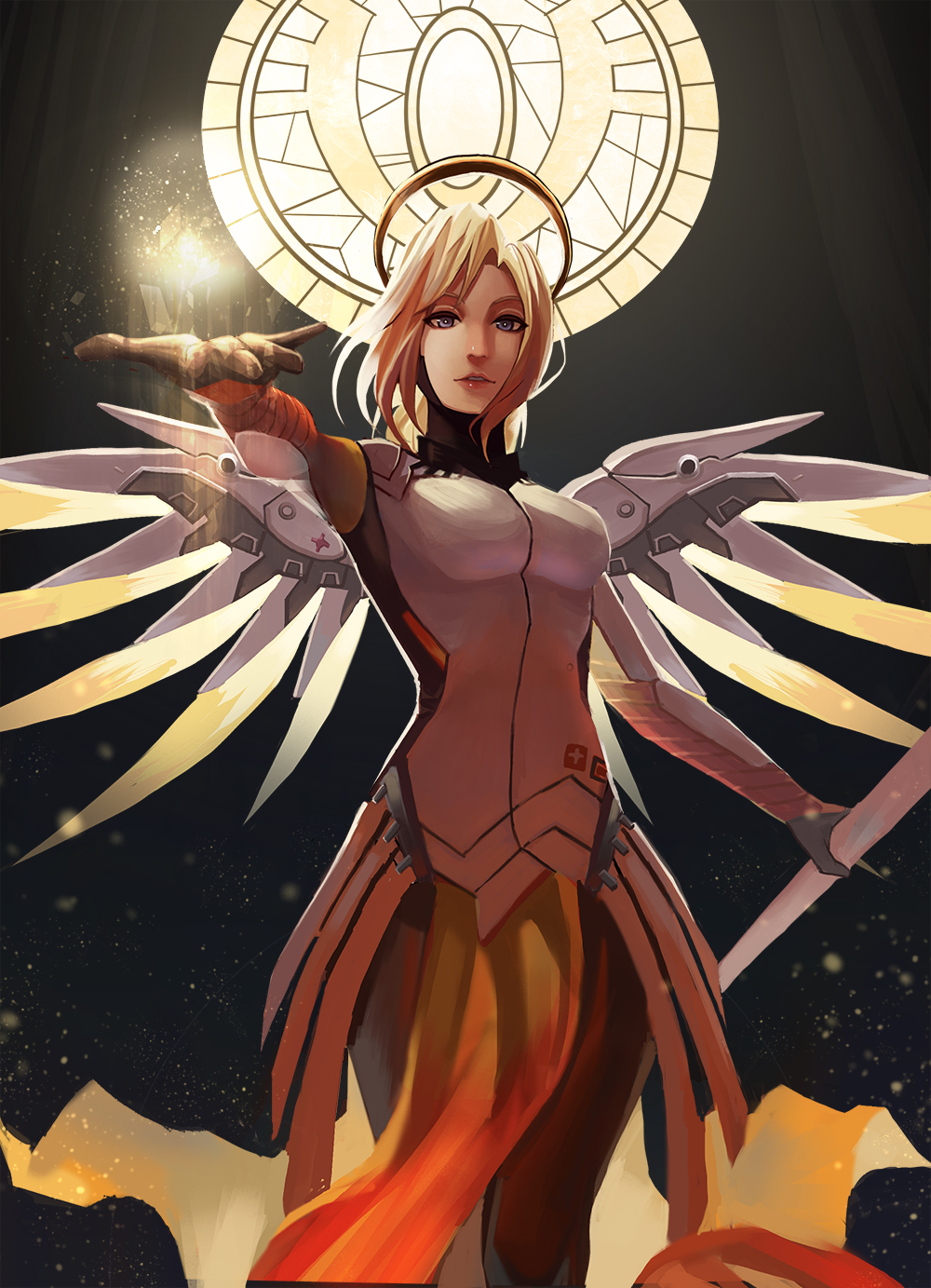1girl, armor, bangs, black_gloves, blonde_hair, blue_eyes, bodysuit, breastplate