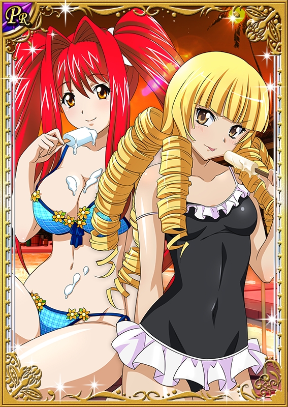 00s, bikini, black_swimsuit, blonde_hair, blue_bikini, breasts, brown_eyes, card_(medium), cleavage, collarbone, covered_navel, drill_hair, food, ice_cream, ikkitousen, kanpei, large_breasts, long_hair, looking_at_viewer, minamoto_kurou_yoshitsune_(ikkitousen), orange_eyes, redhead, side-tie_bikini, small_breasts, smile, swimsuit, tongue, tongue_out