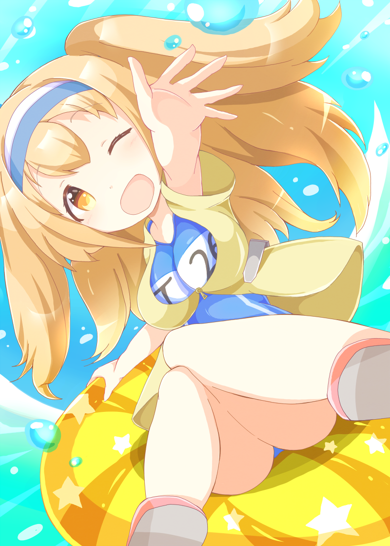 1girl, breasts, bubble, clothes_writing, hairband, i-26_(kantai_collection), innertube, kantai_collection, light_brown_eyes, light_brown_hair, long_hair, mochinabe_(motinabe1500), name_tag, new_school_swimsuit, one_eye_closed, open_mouth, sailor_collar, short_sleeves, smile, solo, swimsuit, swimsuit_under_clothes, two_side_up, water