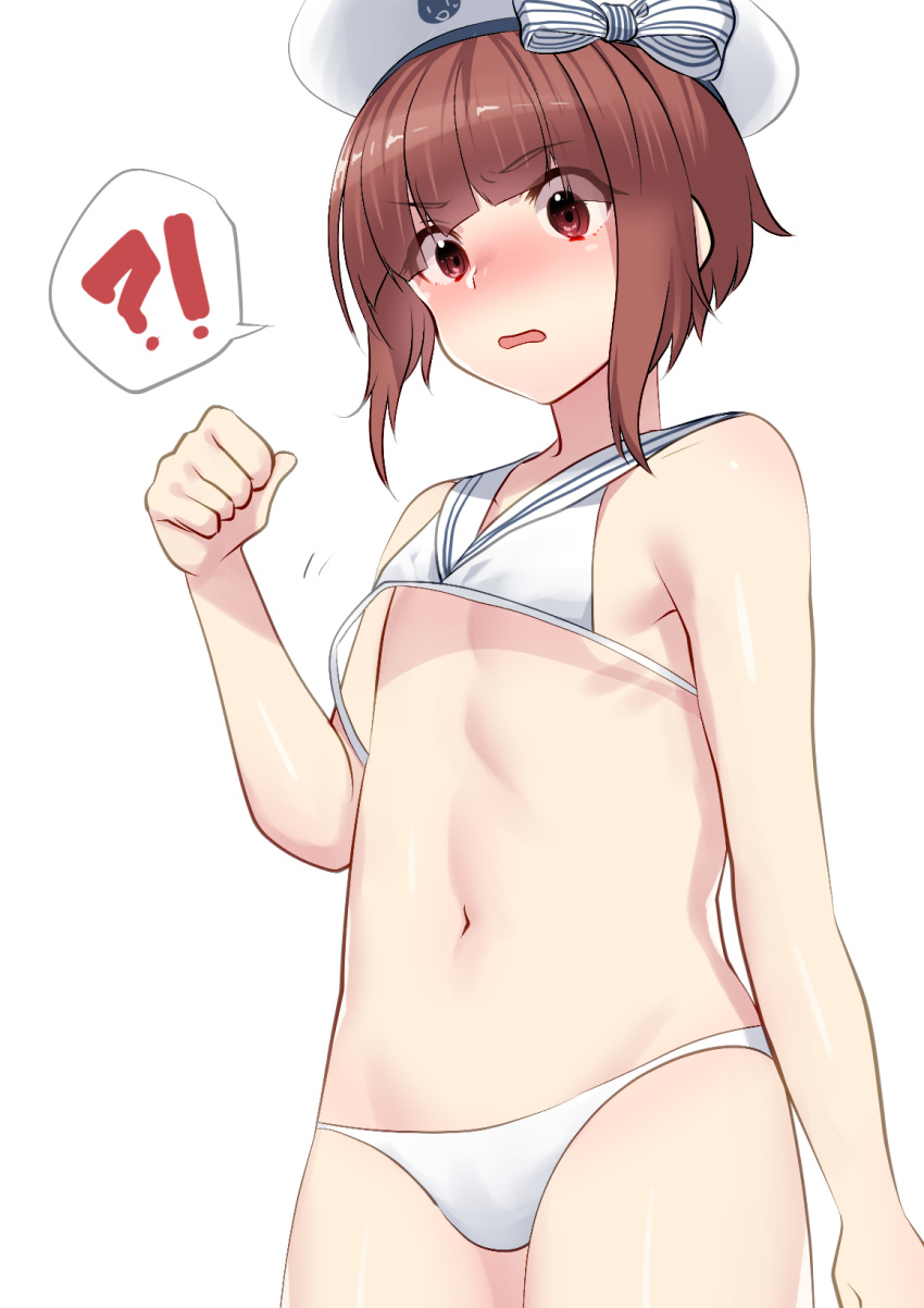 !?, 1girl, arm_at_side, bangs, bare_arms, bare_shoulders, beret, bikini