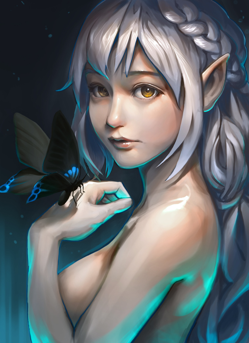 1girl, absurdres, bare_shoulders, braid, brown_eyes, butterfly, highres, looking_at_viewer