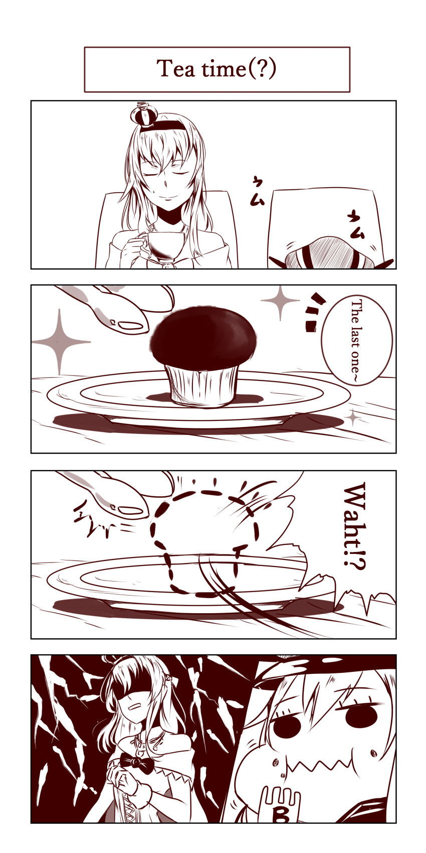 2girls, 4koma, absurdres, bismarck_(kantai_collection), bow, bowtie, brown, chair