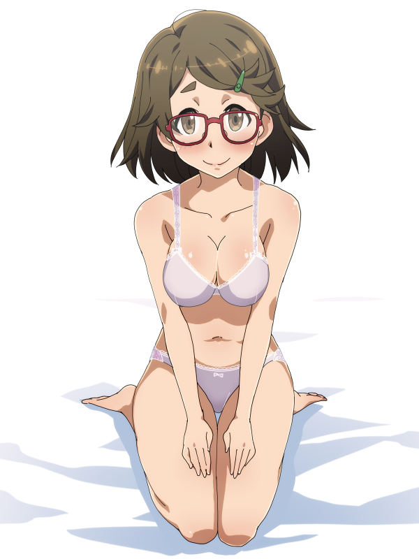 1girl, aoi_risa, blush, bra, breasts, brown_eyes, brown_hair, cleavage, gate_-_jieitai_ka_no_chi_nite_kaku_tatakaeri, glasses, hair_ornament, hairclip, medium_breasts, navel, panties, poncho_s, short_hair, sitting, smile, solo, thigh_gap, underwear, underwear_only