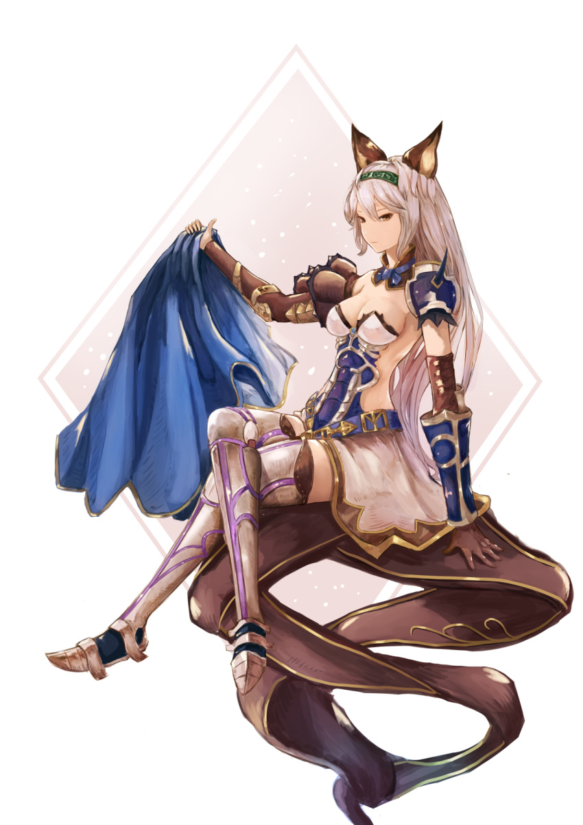 1girl, animal_ears, arm_support, armor, armored_boots, belt, boots, detached_collar