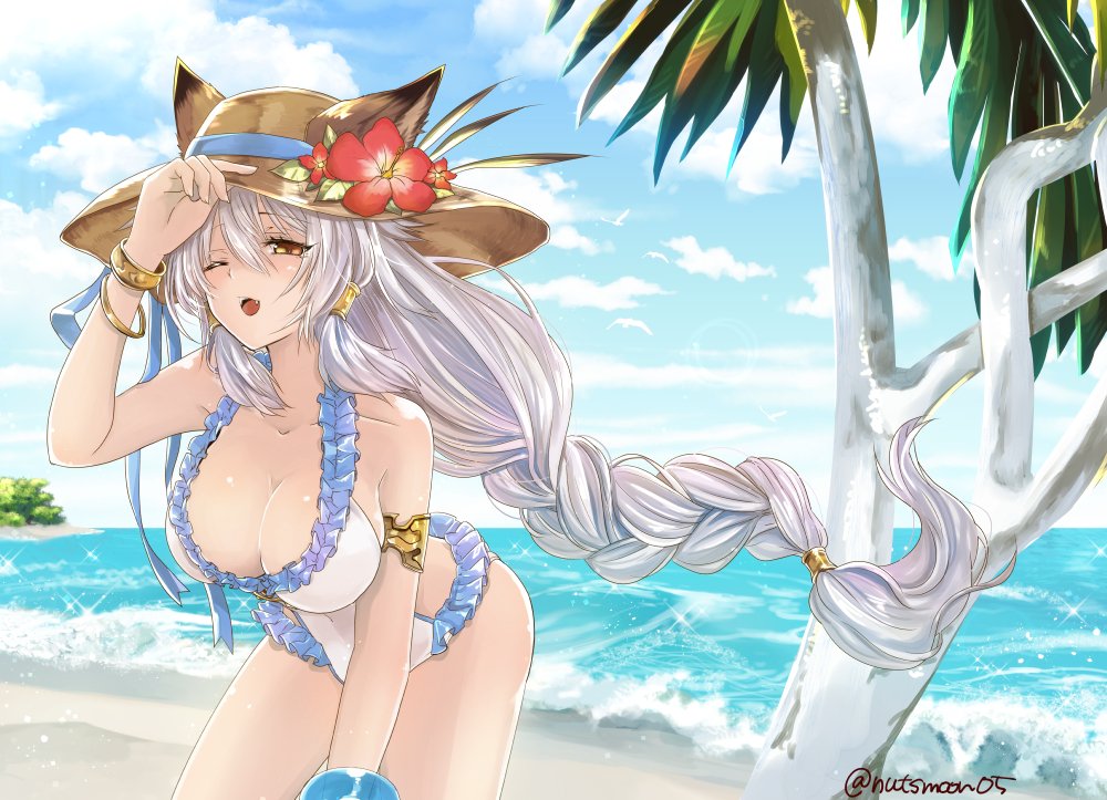 1girl, animal_ears, bangle, beach, bent_over, bikini, blush, bracelet, braid, breasts, cat_ears, cleavage, clouds, collarbone, erun_(granblue_fantasy), flower, frilled_bikini, frills, granblue_fantasy, hair_between_eyes, hair_tubes, hat, hat_flower, heles, hibiscus, jewelry, kirika_(nutsmoon), large_breasts, long_hair, ocean, one_eye_closed, open_mouth, silver_hair, single_braid, sky, solo, sparkle, swimsuit, tree, twitter_username, very_long_hair, yellow_eyes
