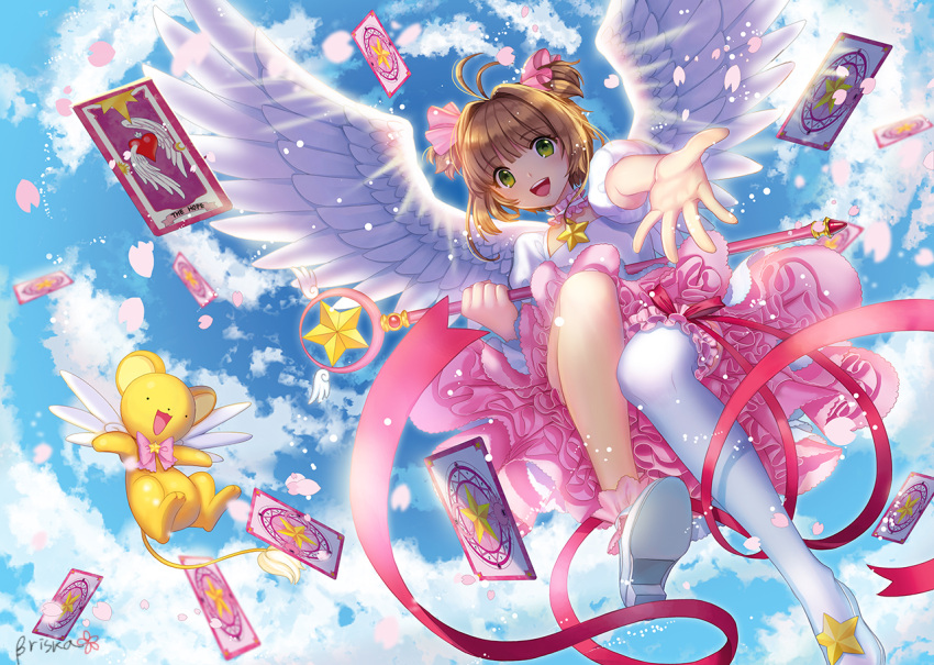 1girl, :d, antenna_hair, artist_name, asymmetrical_legwear, bangs, blue_sky, blunt_bangs