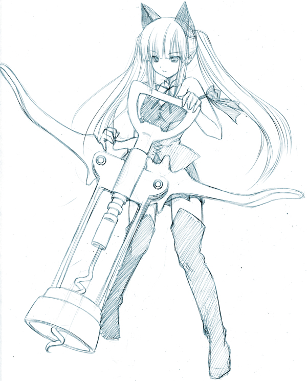 animal_ears, boots, cat_ears, corkscrew, graphite_(medium), luna_lia, miniskirt, monochrome