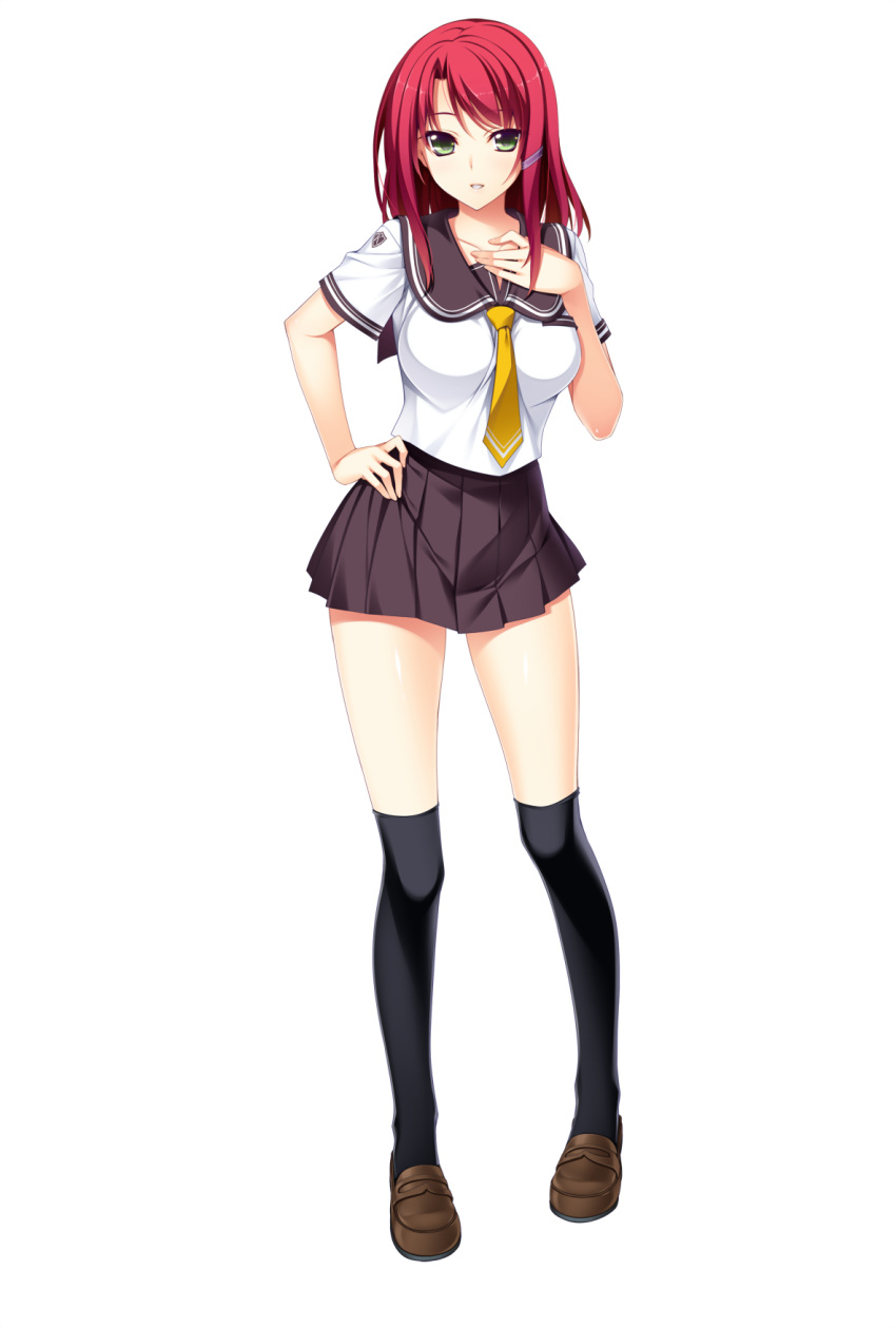 1girl, black_legwear, breasts, full_body, green_eyes, hair_ornament, hairclip, hand_on_hip