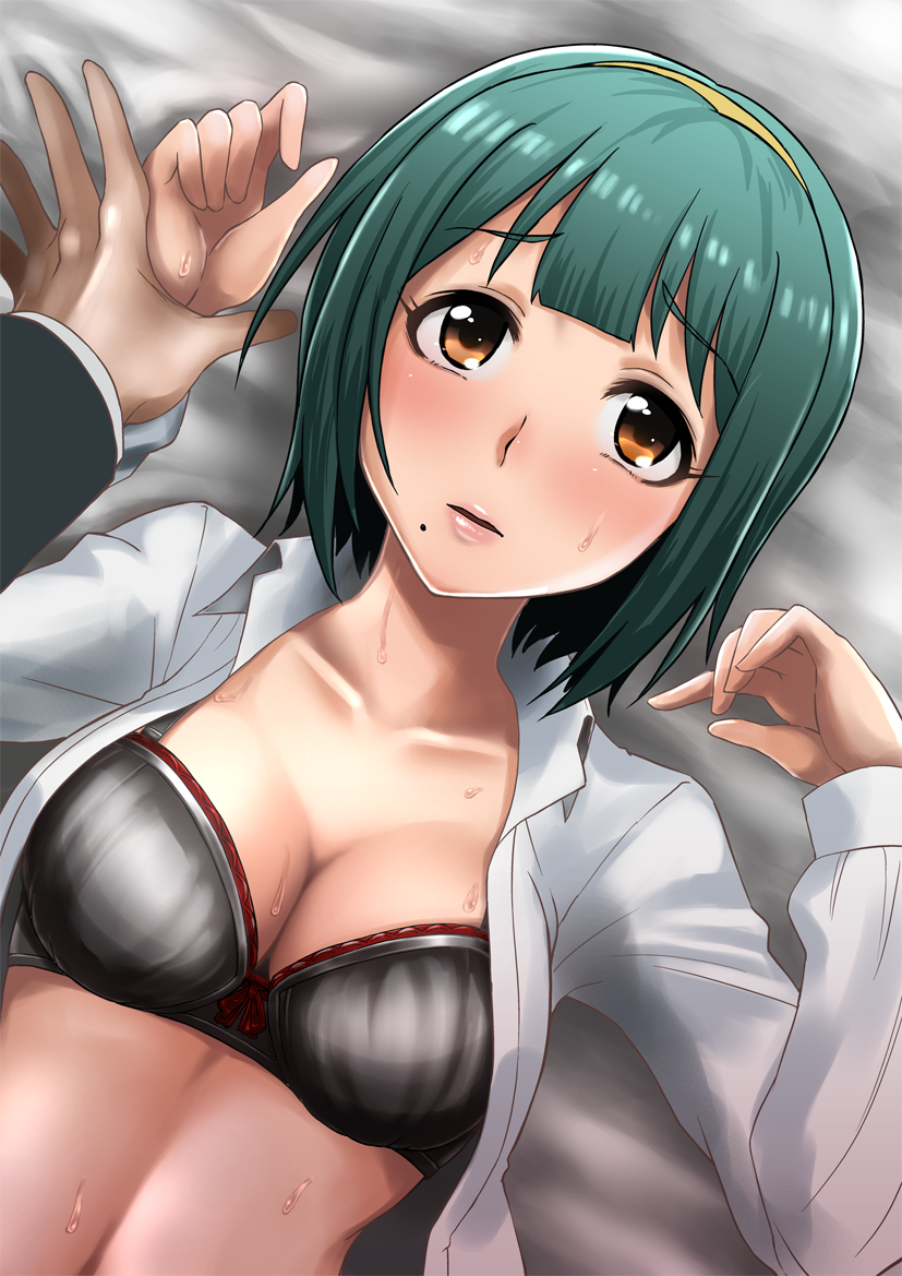 1girl, blush, bra, breasts, cleavage, green_hair, hairband, idolmaster
