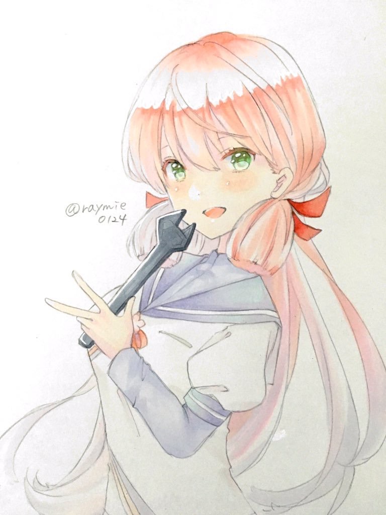 1girl, akashi_(kantai_collection), green_eyes, hair_ribbon, kantai_collection, koshka_(raymie), long_hair, long_sleeves