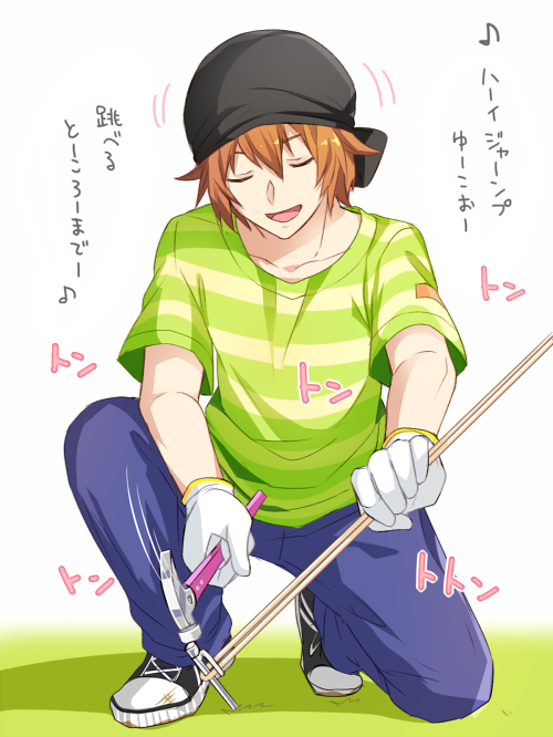 1boy, 344_(prismlink), alternate_costume, closed_eyes, denim, gloves, hammer, idolmaster