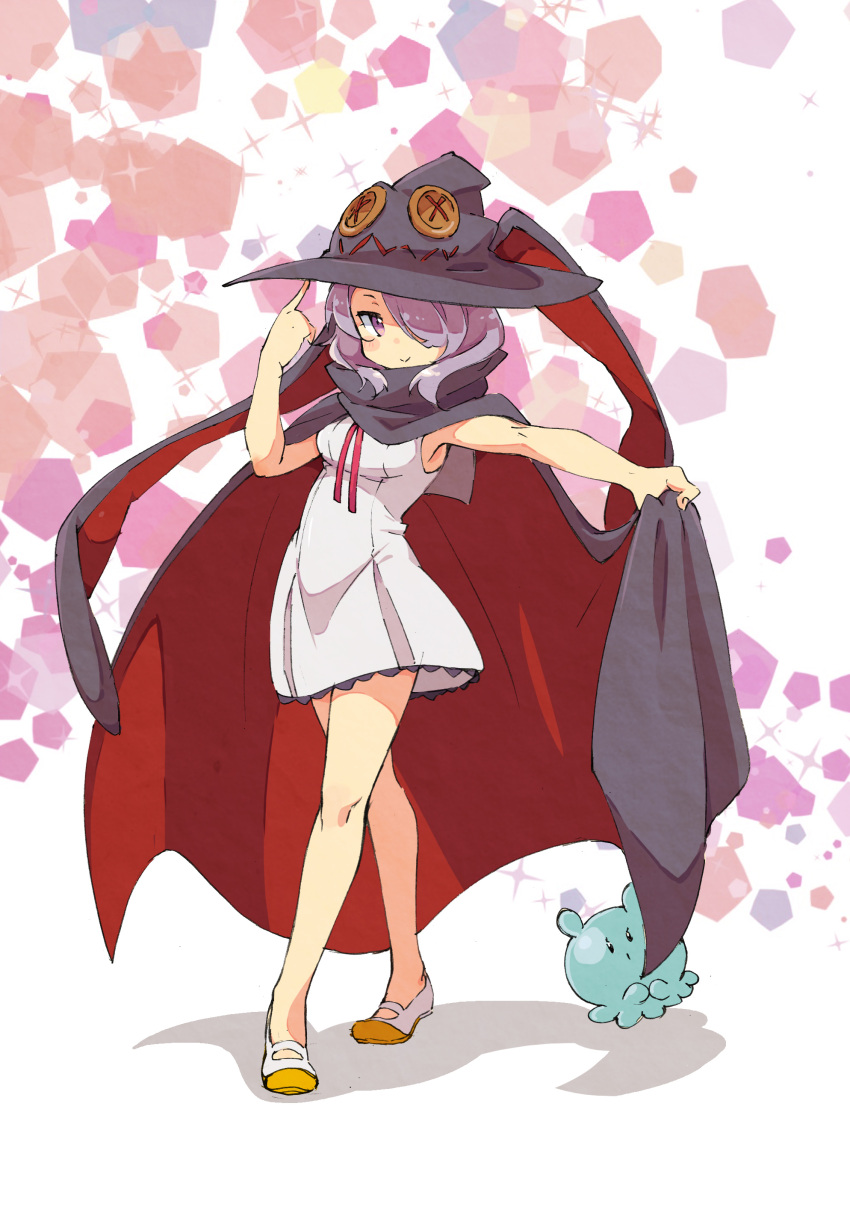 1girl, absurdres, cloak, hair_over_one_eye, hat, highres, houkago_no_pleiades, koi_(nisikicoi), long_hair, nanako_(houkago_no_pleiades), no_socks, pleiadean, purple_hair, sleeveless, violet_eyes