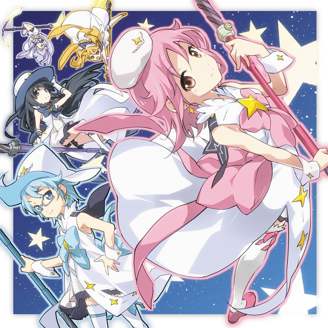 5girls, aoi_(houkago_no_pleiades), black_hair, blonde_hair, blue_eyes, brown_eyes, dress, earrings