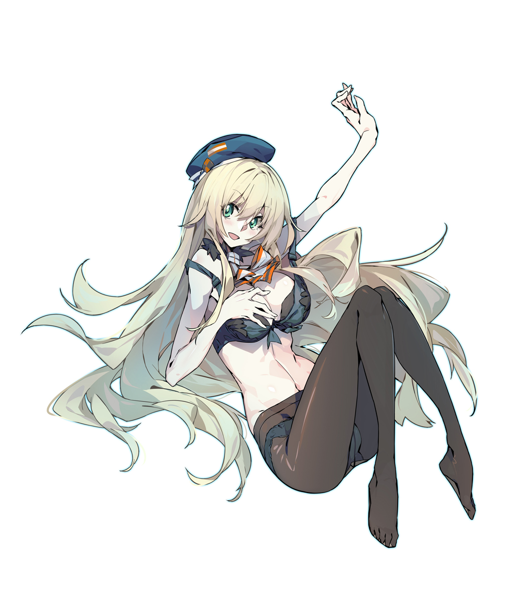 1girl, arm_up, atago_(kantai_collection), bare_shoulders, beret, black_legwear, blonde_hair, bra