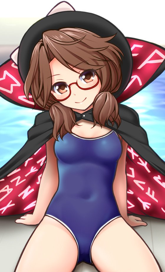 1girl, alternate_costume, arm_support, black_hat, blush, bow, breasts, brown_eyes