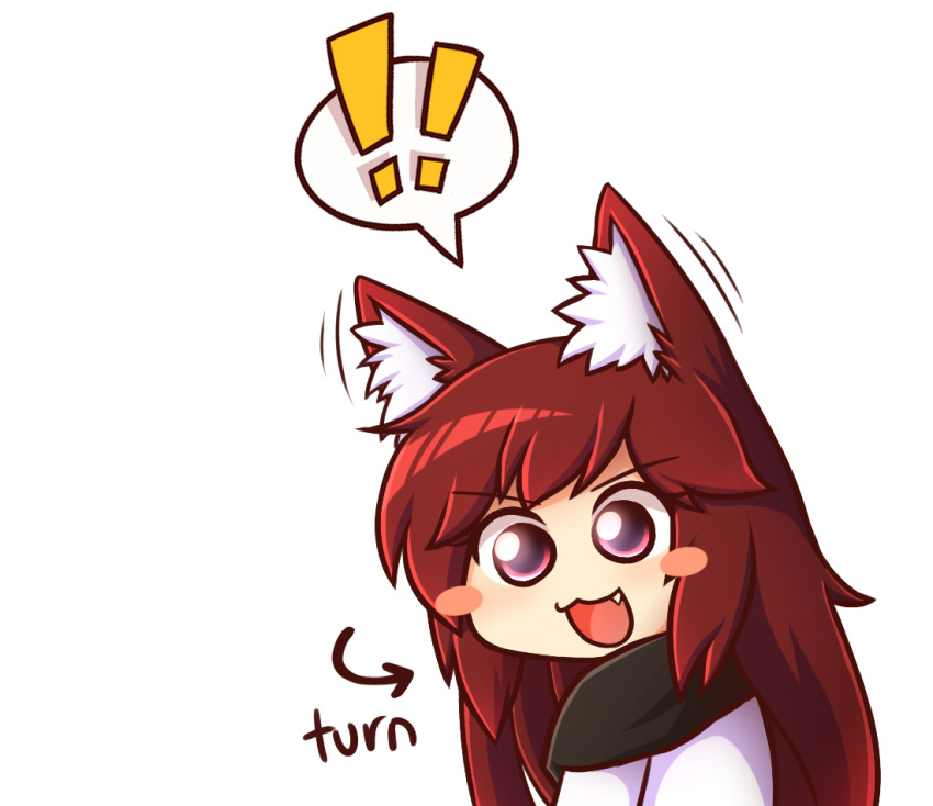!, !!, >:d, 1girl, :d, animal_ears, blush, blush_stickers, brown_hair, chibi, disembodied_blush, dress, ear_wiggle, english, eyebrows, fang, imaizumi_kagerou, long_hair, looking_at_viewer, open_mouth, red_eyes, smile, solo, spoken_exclamation_mark, touhou, upper_body, white_background, wolf_ears, wool_(miwol)