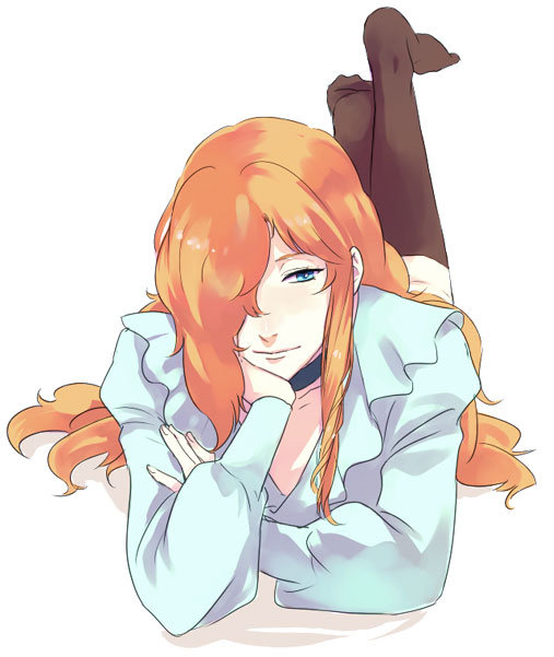 1boy, androgynous, black_legwear, blue_eyes, choker, closed_mouth, collarbone, full_body, hair_over_one_eye, head_rest, kneehighs, long_hair, lying, male_focus, maraich_juschenfe, on_stomach, orange_hair, patalliro!, simple_background, smile, solo, v-neck, wavy_hair, white_background, zaki_(mzkpl2)