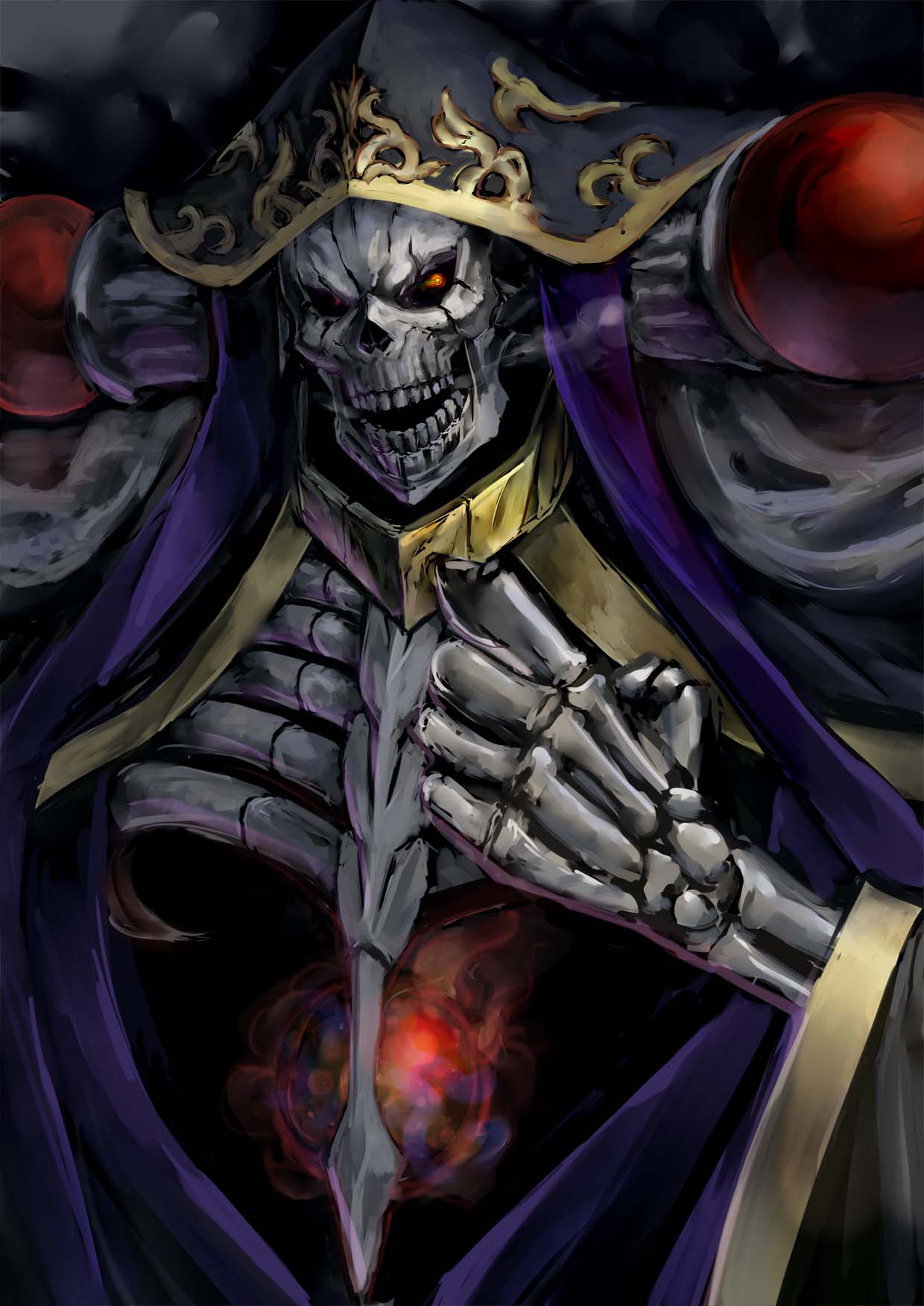 1boy, ainz_ooal_gown, bone, collar, hood, long_sleeves, male_focus, overlord_(maruyama), red_eyes, robe, shimashima_(pixiv3696209), skeleton, solo, undead