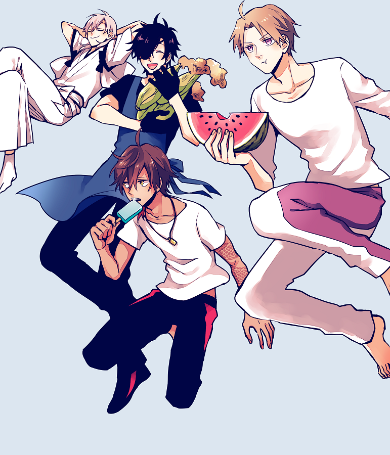 4boys, :t, ^_^, apron, black_gloves, black_hair, brown_hair, closed_eyes
