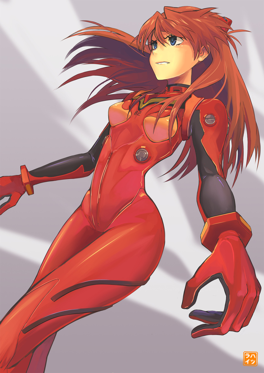 1girl, blue_eyes, bodysuit, foreshortening, hatsurai_kun, highres, long_hair, neon_genesis_evangelion, orange_hair, perspective, plugsuit, solo, souryuu_asuka_langley, watermark