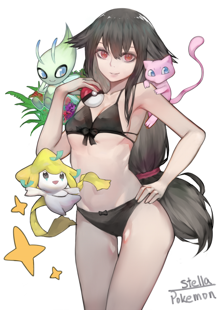 1girl, akasen, black_hair, black_swimsuit, breasts, celebi, character_request, cleavage