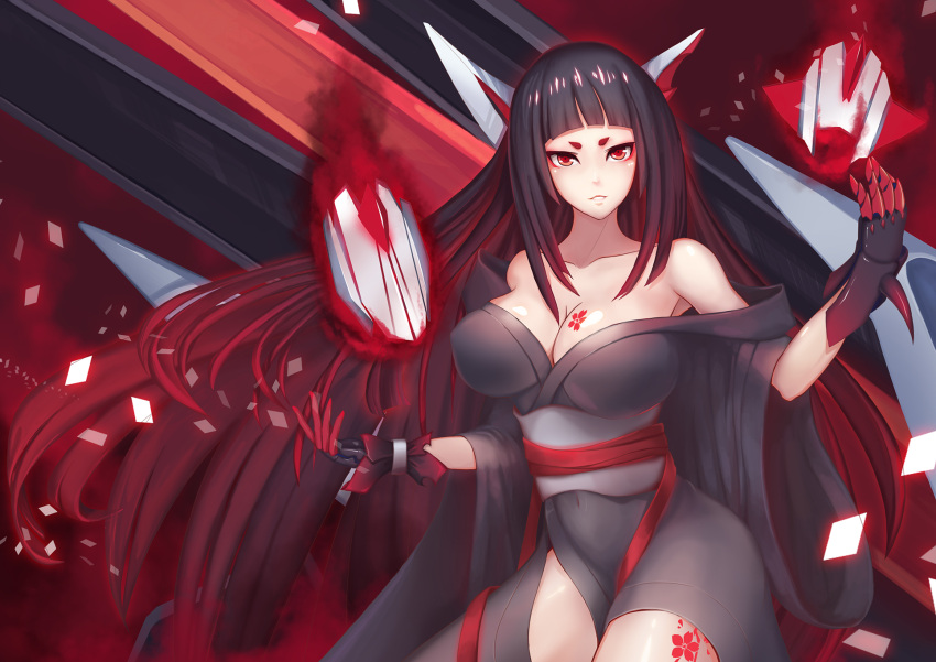 akagi_(zhan_jian_shao_nyu), bangs, bare_shoulders, black_hair, black_kimono, blunt_bangs, breasts, cleavage, dark_persona, enemy_akagi_(zhan_jian_shao_nyu), gloves, headgear, highres, japanese_clothes, kimono, large_breasts, liu_lan, long_hair, looking_at_viewer, multicolored_hair, off_shoulder, parody, red_eyes, redhead, shinkaisei-kan, short_eyebrows, tattoo, two-tone_hair, very_long_hair, zhan_jian_shao_nyu