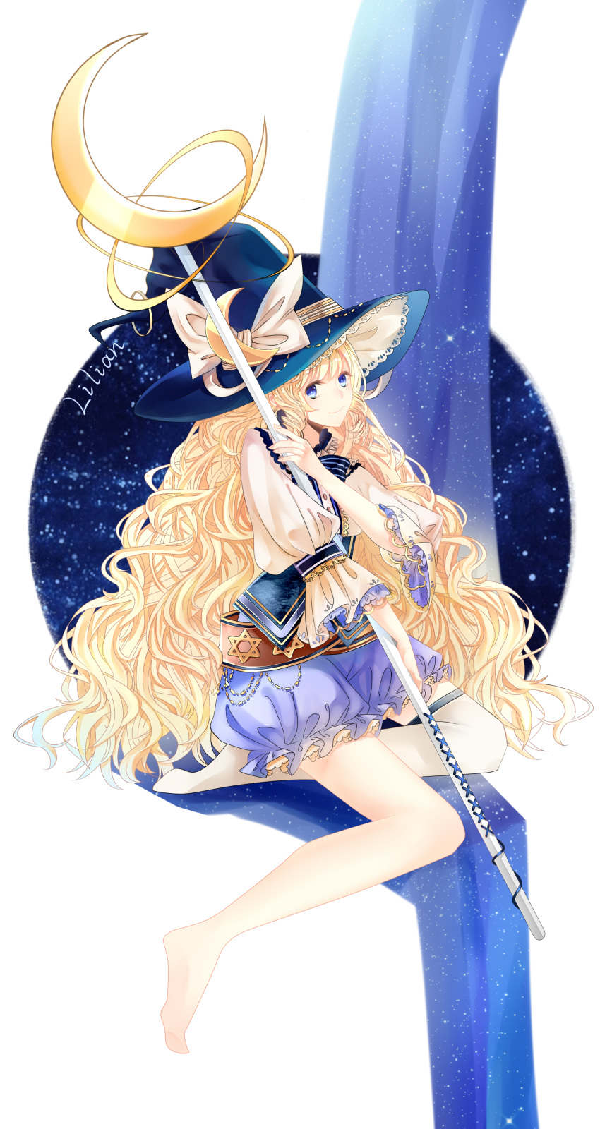 1girl, absurdres, big_hair, blonde_hair, bloomers, blue_eyes, crescent, doku_kobuko