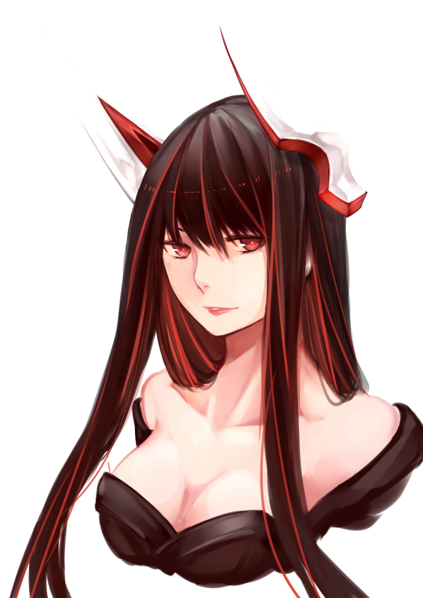 1girl, absurdres, akagi_(zhan_jian_shao_nyu), bare_shoulders, black_hair, breasts, cleavage, enemy_akagi_(zhan_jian_shao_nyu), headgear, highres, long_hair, looking_at_viewer, multicolored_hair, red_eyes, redhead, solo, two-tone_hair, upper_body, yan_wen_zi, zhan_jian_shao_nyu