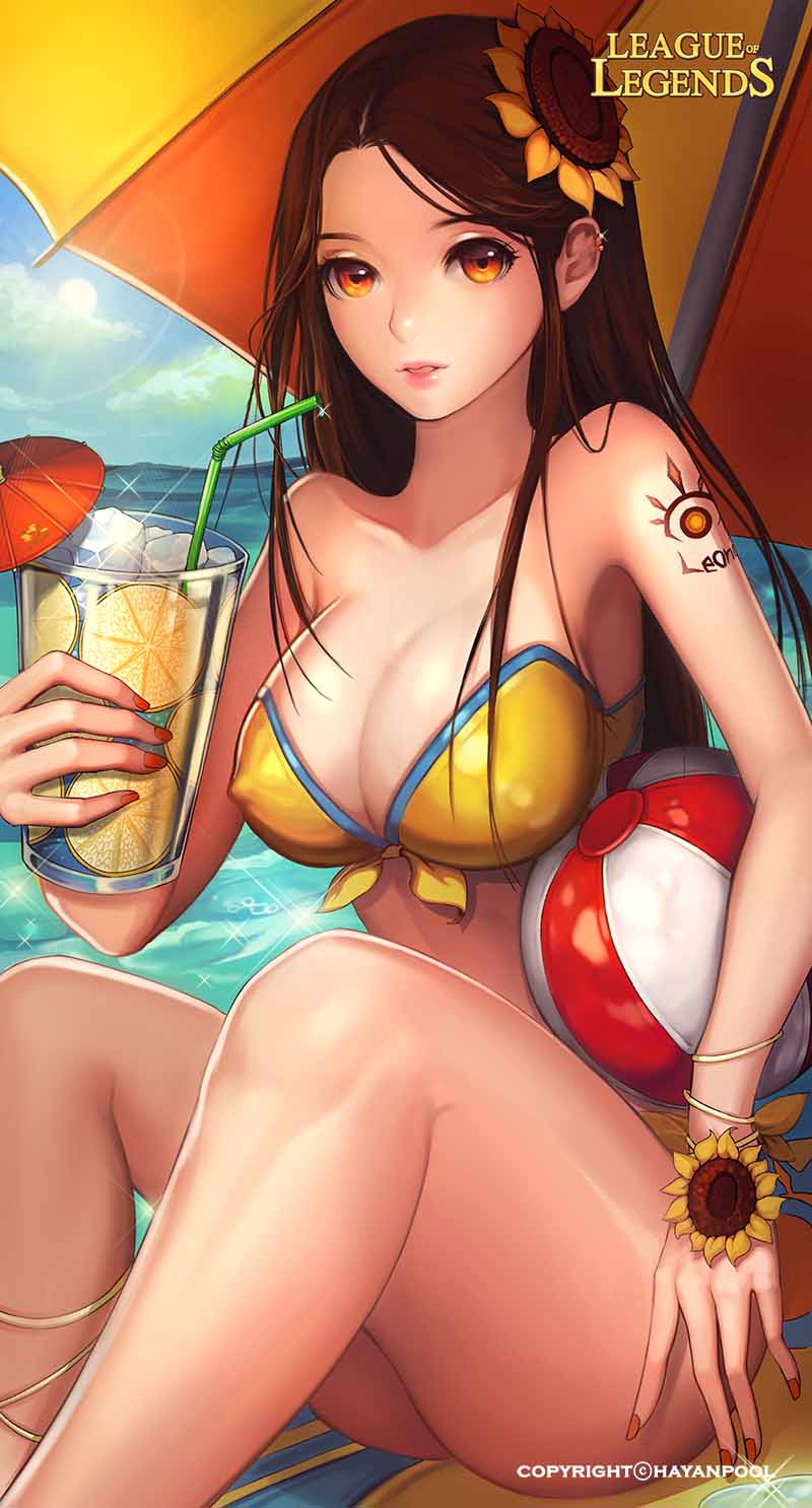 1girl, alternate_costume, ankle_lace-up, arm_tattoo, artist_name, ball, bangle, bare_back, beach_umbrella, beachball, bikini, blue_sky, bracelet, breasts, brown_eyes, brown_hair, clouds, cloudy_sky, copyright_name, cross-laced_footwear, cup, drinking_glass, drinking_straw, ear_piercing, erect_nipples, fingernails, flower, food, front-tie_top, fruit, hair_flower, hair_ornament, hayanpool, highres, holding, holding_glass, ice, ice_cube, jewelry, jpeg_artifacts, large_breasts, league_of_legends, legs, lemon, lemon_slice, leona_(league_of_legends), lips, long_fingernails, long_hair, looking_at_viewer, nail_polish, ocean, orange_nails, outdoors, parted_lips, piercing, pink_lips, pool_party_leona, poorly_drawn, signature, sitting, sky, solo, sparkle, strapless, strapless_bikini, sun, sunflower, sunlight, swimsuit, tattoo, umbrella, water