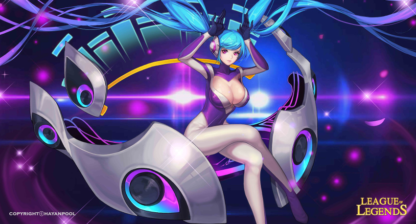 1girl, absurdly_long_hair, absurdres, alternate_costume, artist_name, bangs, black_gloves, blue_hair, bodysuit, breasts, bunny_pose, catsuit, cleavage, cleavage_cutout, closed_mouth, collarbone, copyright_name, covered_navel, dj_sona, erect_nipples, formal, glint, gloves, gradient_hair, hands_up, hayanpool, headgear, headphones, highres, huge_breasts, large_breasts, league_of_legends, legs_crossed, lips, long_hair, long_sleeves, looking_at_viewer, multicolored_hair, petals, pink_lips, purple_hair, skin_tight, solo, sona_buvelle, sparkle, suit, swept_bangs, turtleneck, twintails, very_long_hair, violet_eyes