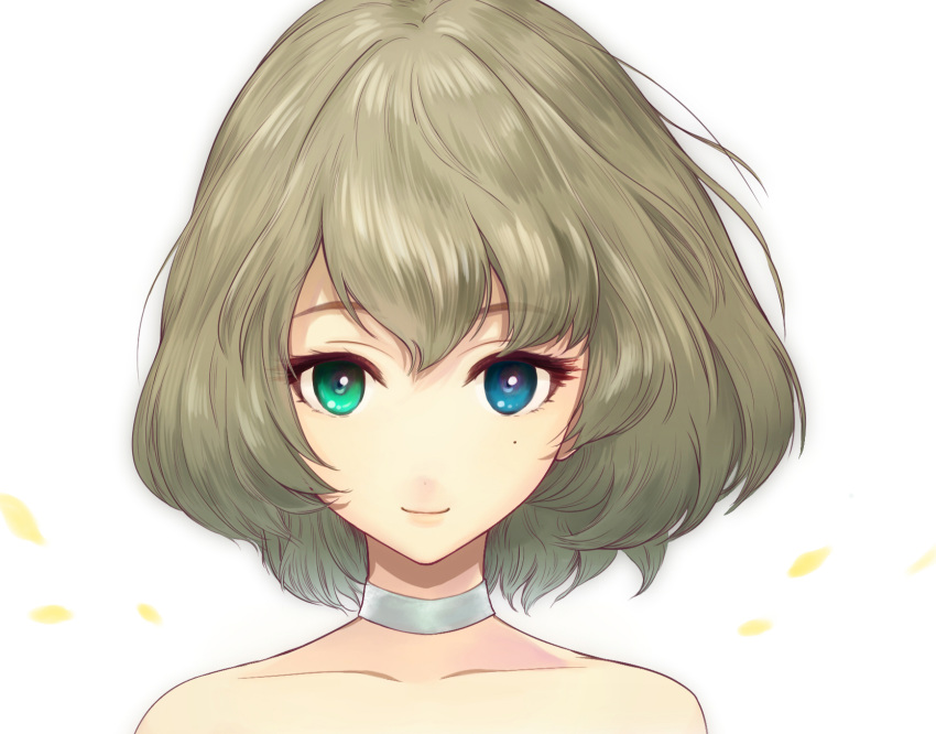 1girl, bare_shoulders, blue_eyes, brown_hair, choker, green_eyes, heterochromia, highres, idolmaster, idolmaster_cinderella_girls, looking_at_viewer, mole, mole_under_eye, oumi_mizu, portrait, short_hair, sketch, solo, takagaki_kaede