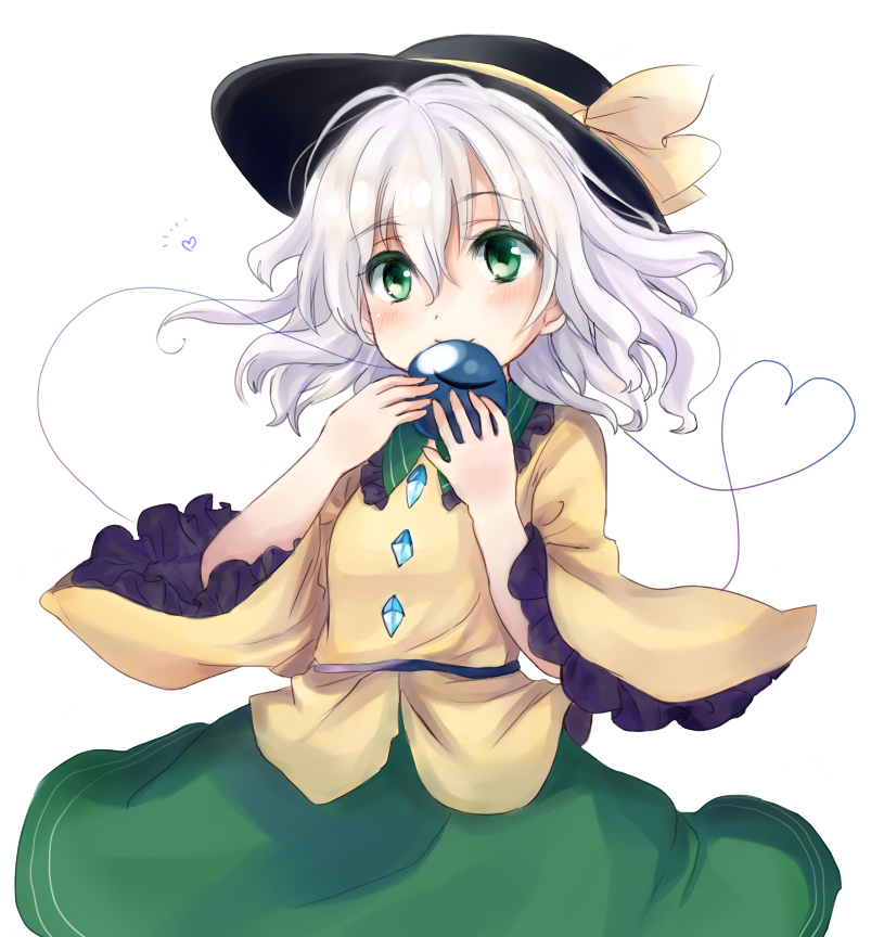 1girl, bow, eyeball, green_eyes, hari_(pixiv18801926), hari_(ribanie), hat, hat_bow, hat_ribbon, heart, heart_of_string, komeiji_koishi, long_sleeves, ribbon, short_hair, silver_hair, skirt, smile, solo, touhou, wide_sleeves