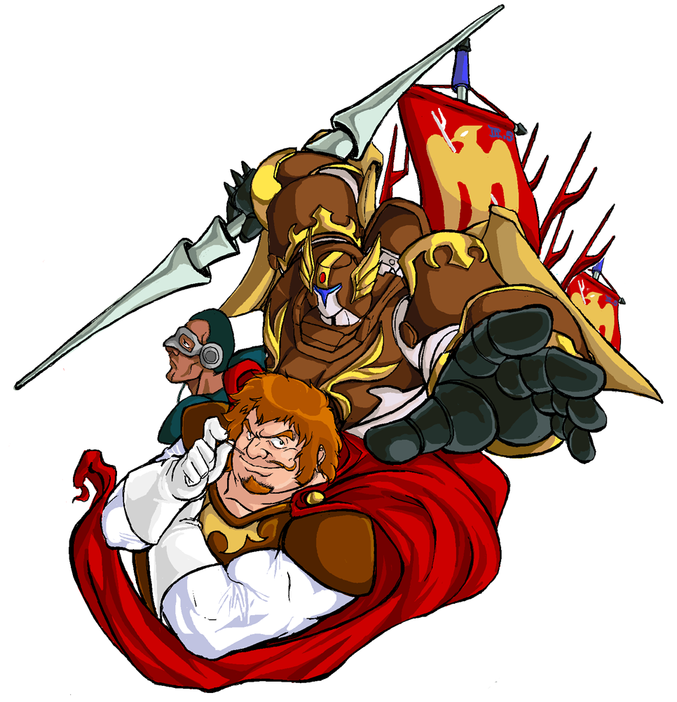 80s, banner, brown_hair, cape, don_slazen, facial_hair, flag, kikou-kai_galient, mecha, skurts, weapon