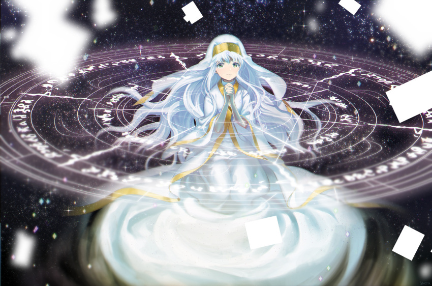 1girl, dress, falling_card, green_eyes, habit, hands_clasped, index, long_hair