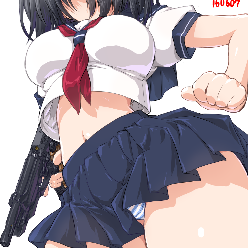 1girl, 2016, beretta_93r, black_hair, black_skirt, breasts, curvy, dated