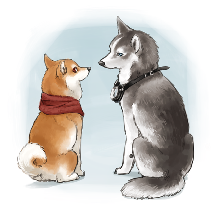 animal, blue_eyes, brown_eyes, dog, ginziro, goggles, husky, looking_back