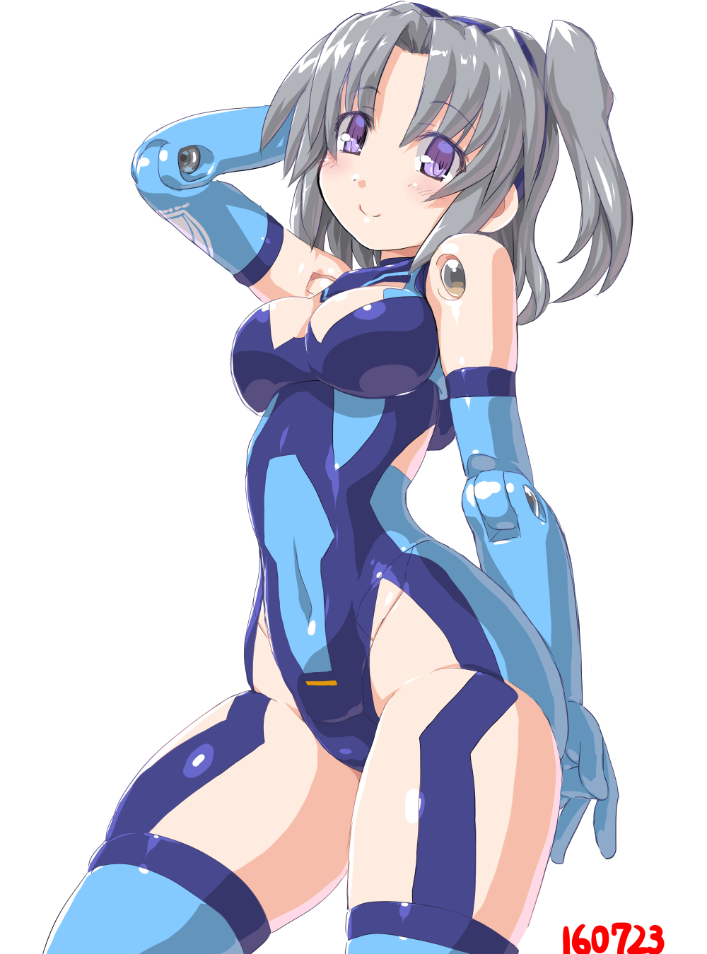 1girl, arm_at_side, arm_up, breasts, busou_shinki, closed_mouth, covered_navel, cyborg, dd_(ijigendd), highres, joints, looking_at_viewer, medium_breasts, pose, raptias, robot_joints, short_hair, silver_hair, simple_background, smile, solo, standing, twintails, violet_eyes, white_background