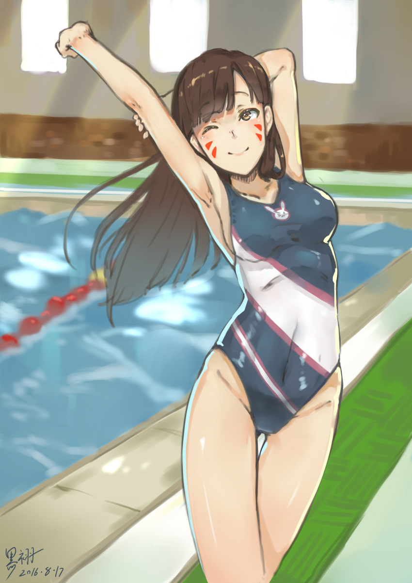 1girl, ;), absurdres, arm_behind_head, arm_up, armpits, bangs, breasts
