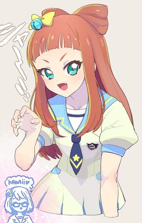 aikatsu!, aikatsu_stars!, bell, bow, claw_pose, fangs, green_eyes, hair_bow